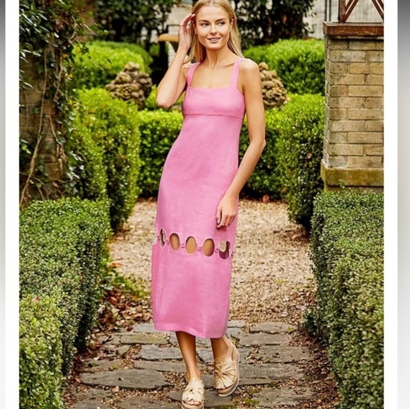 NWT Antonio Melani Dress Linen Blend Square Neck Cut Out Sheath Pink Midi Sz 12 - Picture 2 of 12